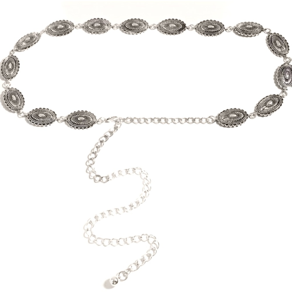 Vintage Style Rustic Silver Concho Metal Adjustable Chain Belt Western Design